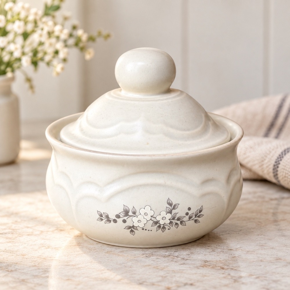 Vintage Stoneware Sugar Bowl with Lid Creamy White Gray Floral Farmhouse Crock